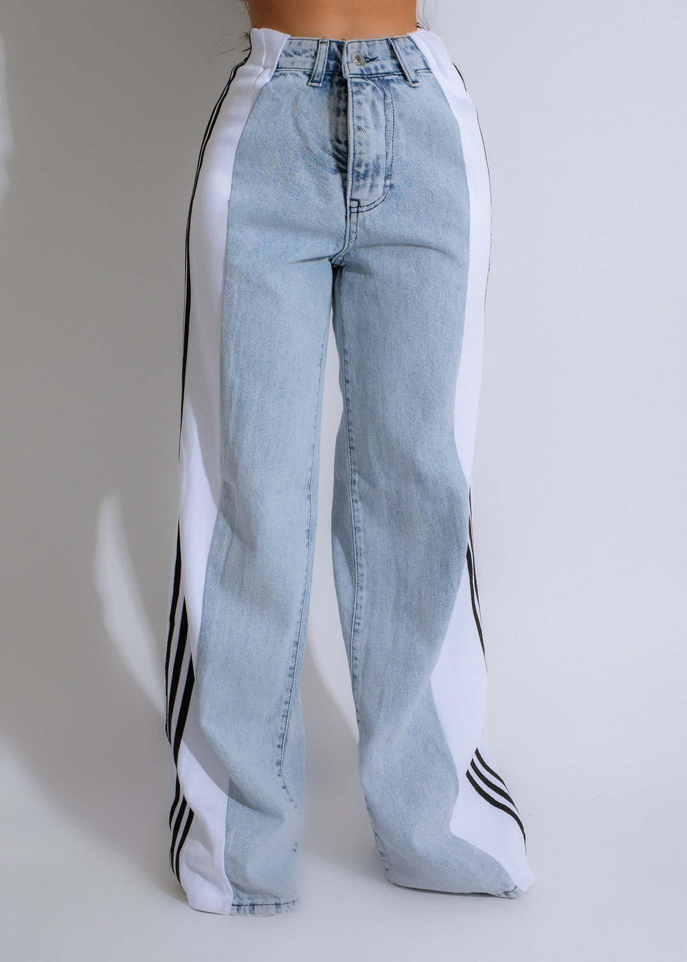 Trendy High Waist Elastic Straight Leg Denim Pants with Three Stripe Patchwork for Casual Streetwear