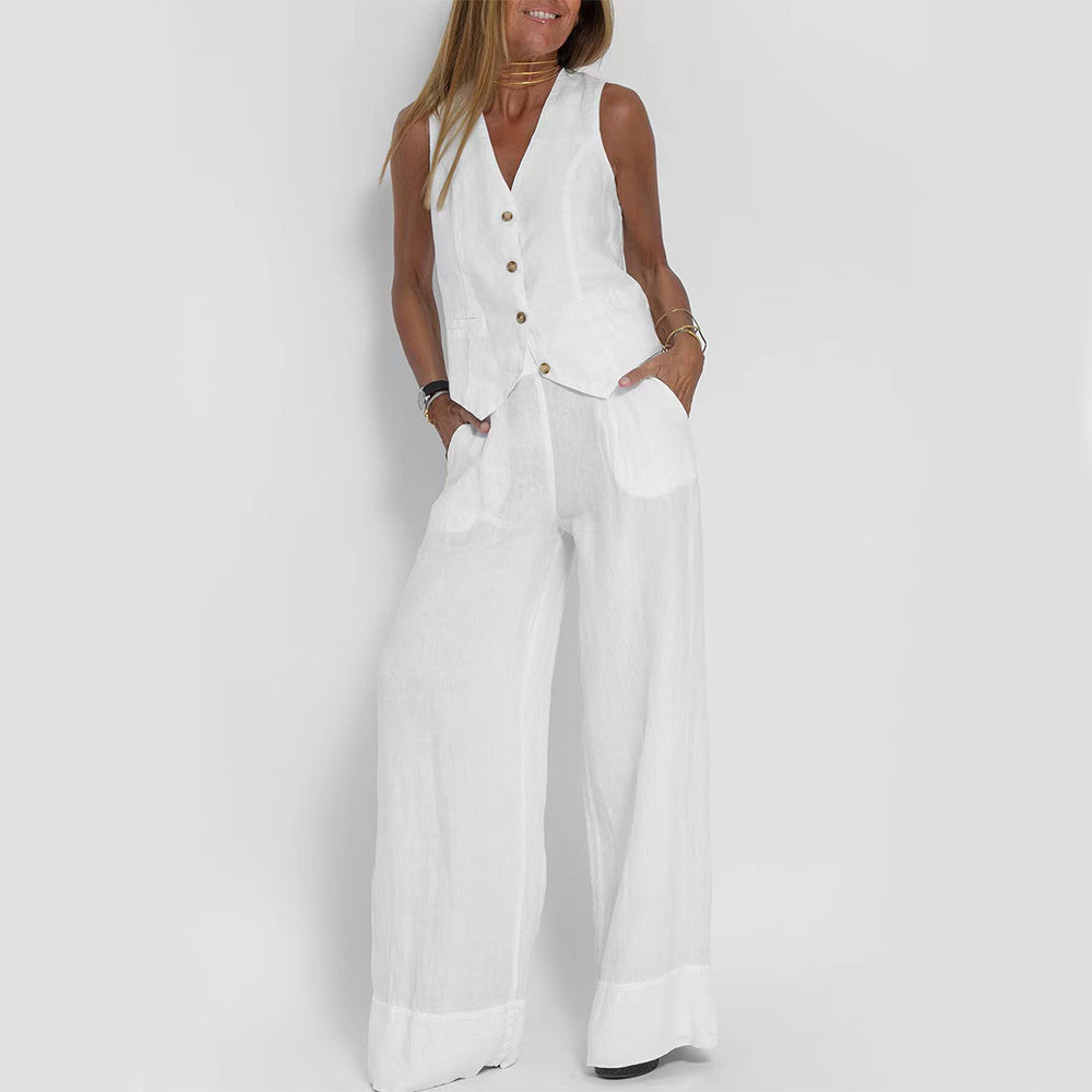 Chic Summer V-Neck Sleeveless Vest and Loose Trousers Set for Women