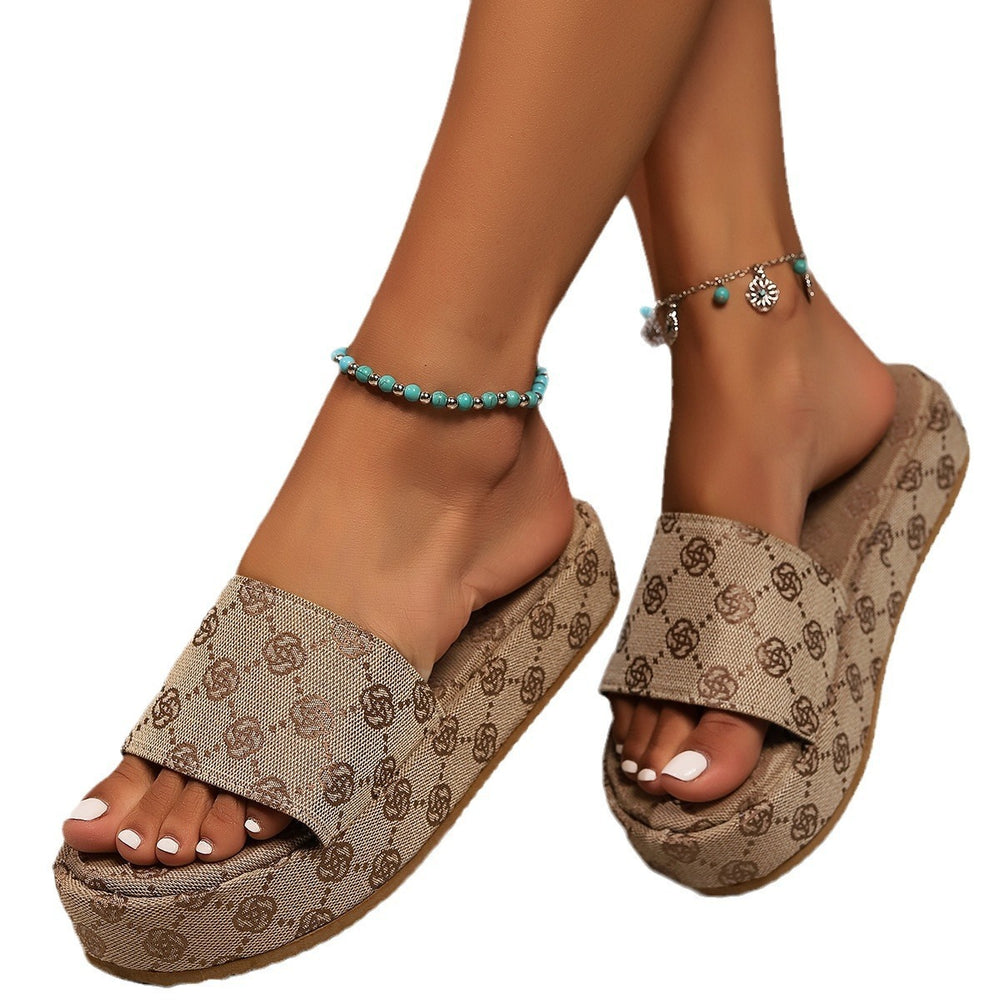 Women's Khaki Plum-Embroidered Thick-Soled Sandals