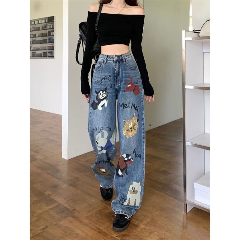 Retro High Street Graffiti Jeans mit weitem Bein für Damen