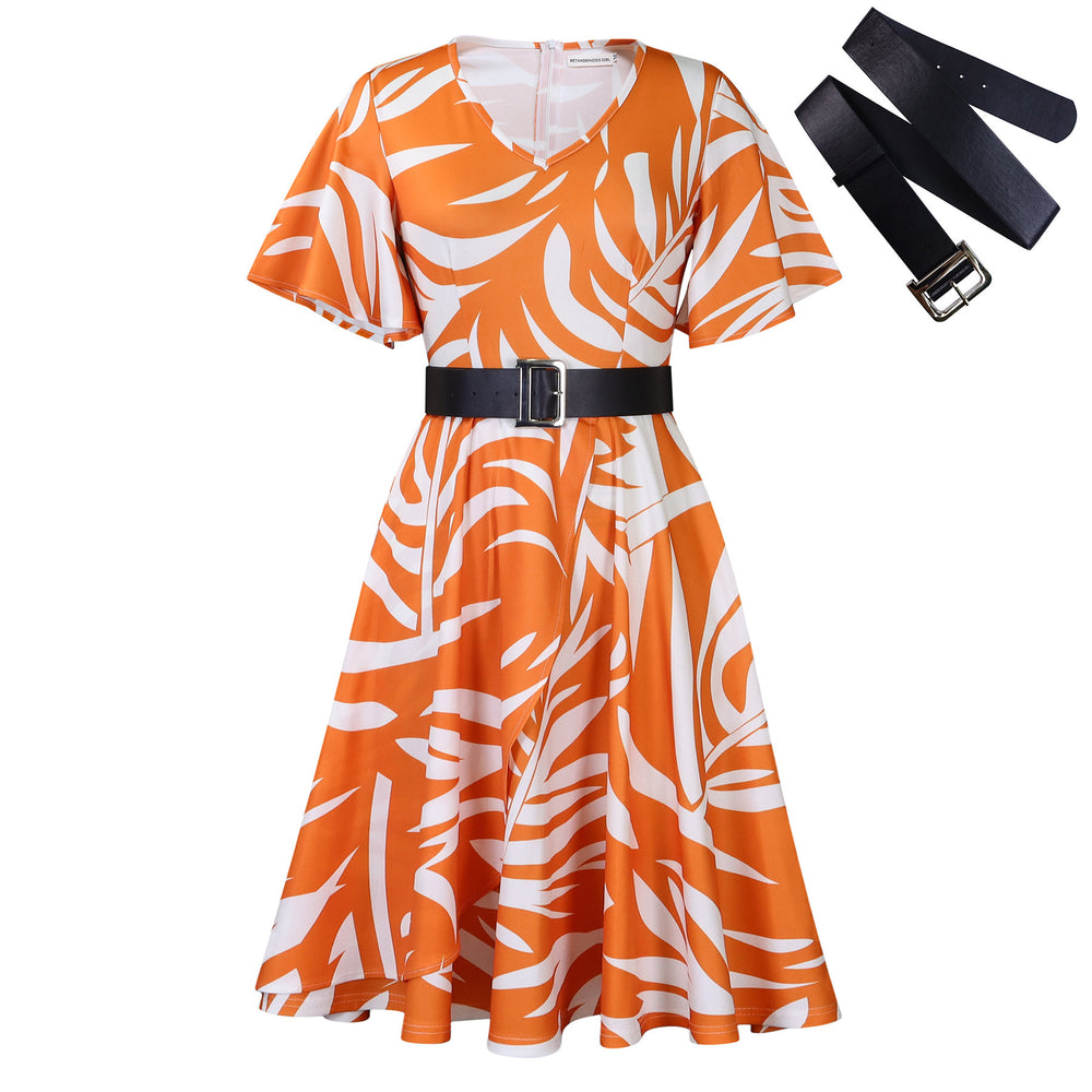 Elegant Plus Size Mid-Length Lace Printed Dress with Colorful Belts