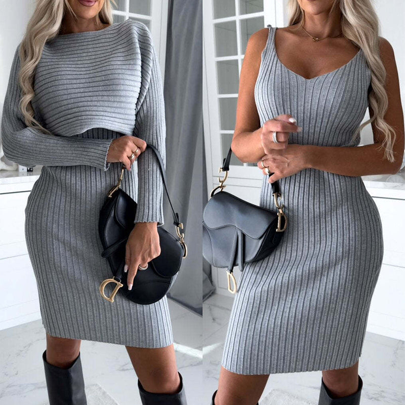 Chic Striped Long-sleeve Top with Suspender Skirt Set for Women