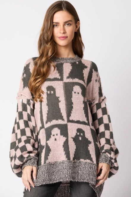 Halloween-Themed Women's Plaid Crew Neck Pullover Sweater with Ghost Design