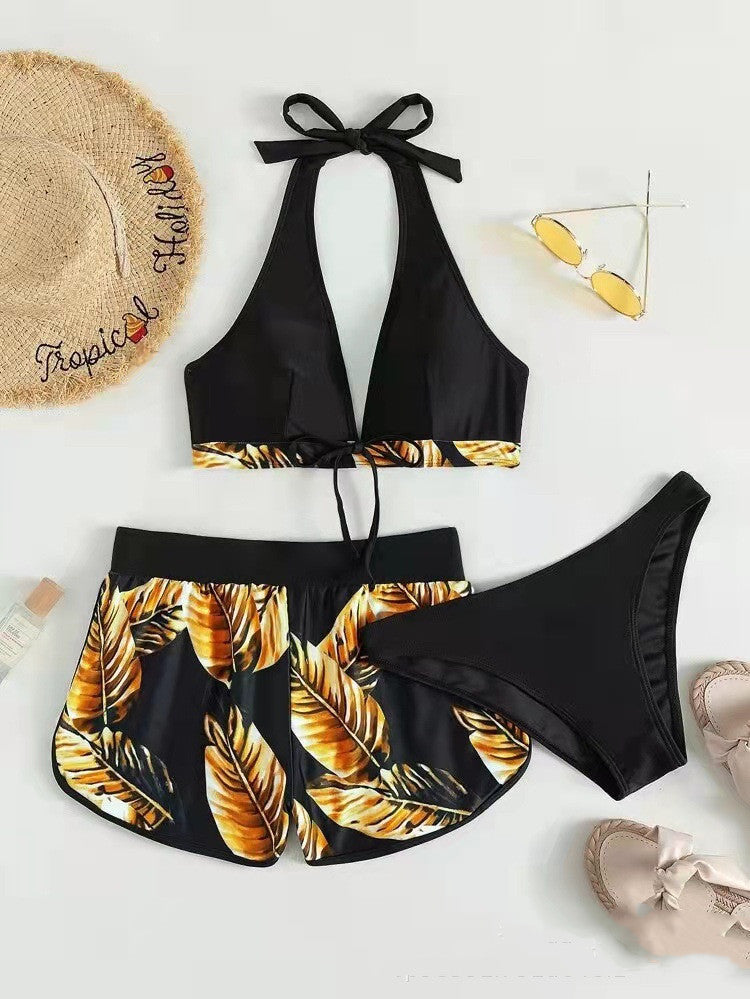 Tropical Paradise Bikini Set with Matching Shorts for Women's Summer Swimwear