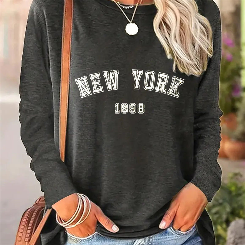 Casual Printed Round Neck Long Sleeve T-shirt for Women in Spring and Autumn