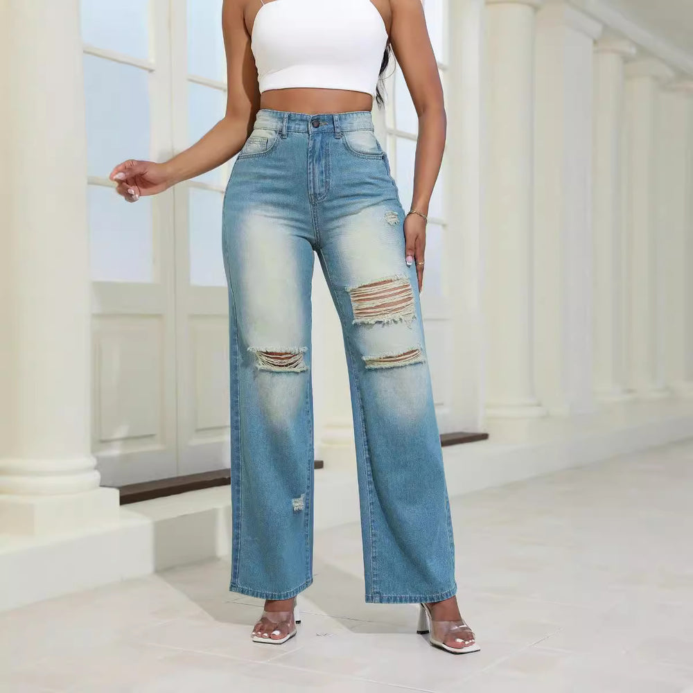 Trendy High Waist Distressed Jeans with Pockets - Women's Slim Fit Straight Wide-Leg Trousers