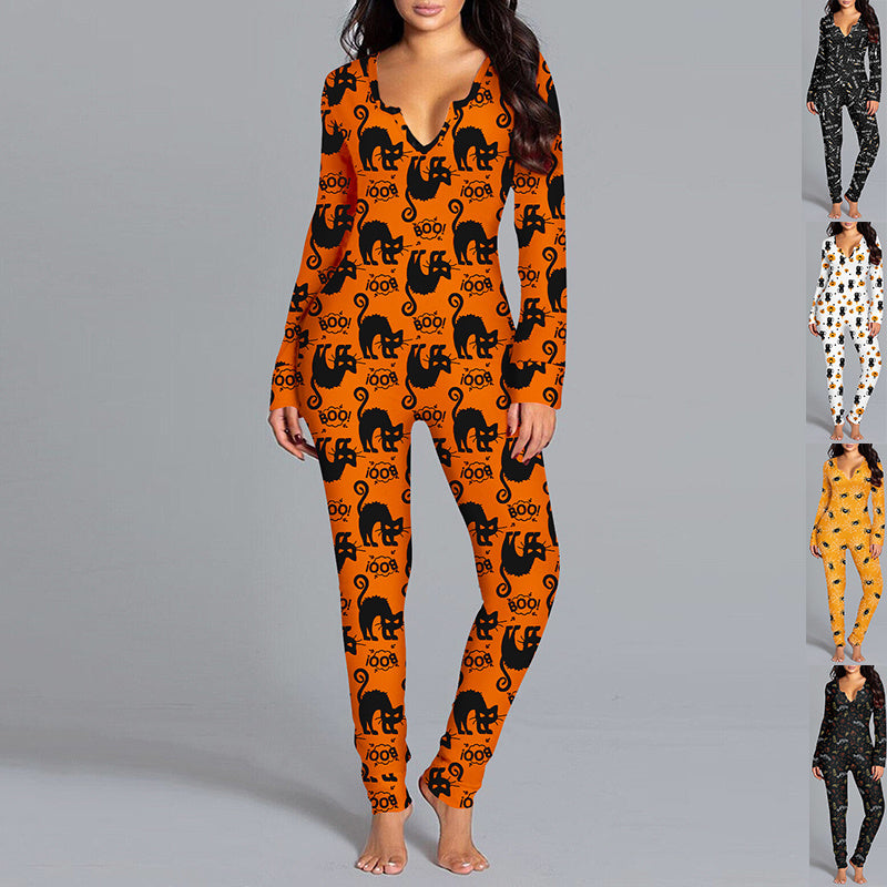 Halloween Themed Long Sleeve Jumpsuit - Women's Casual Pajama Set with Trousers