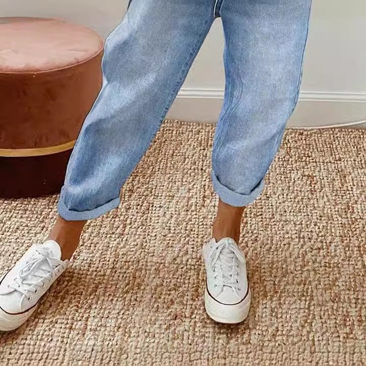 Cropped Light Blue Denim Elastic Waist Pants for Women