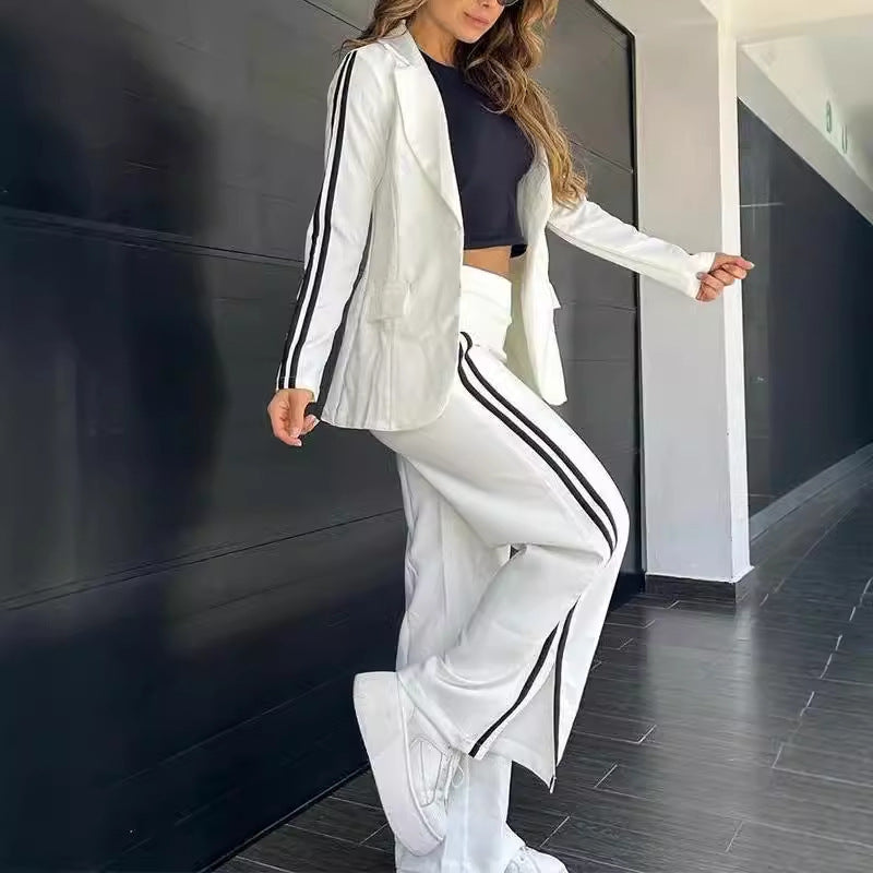 Women's Striped Casual Polo Collar Two-Piece Wide-Leg Suit