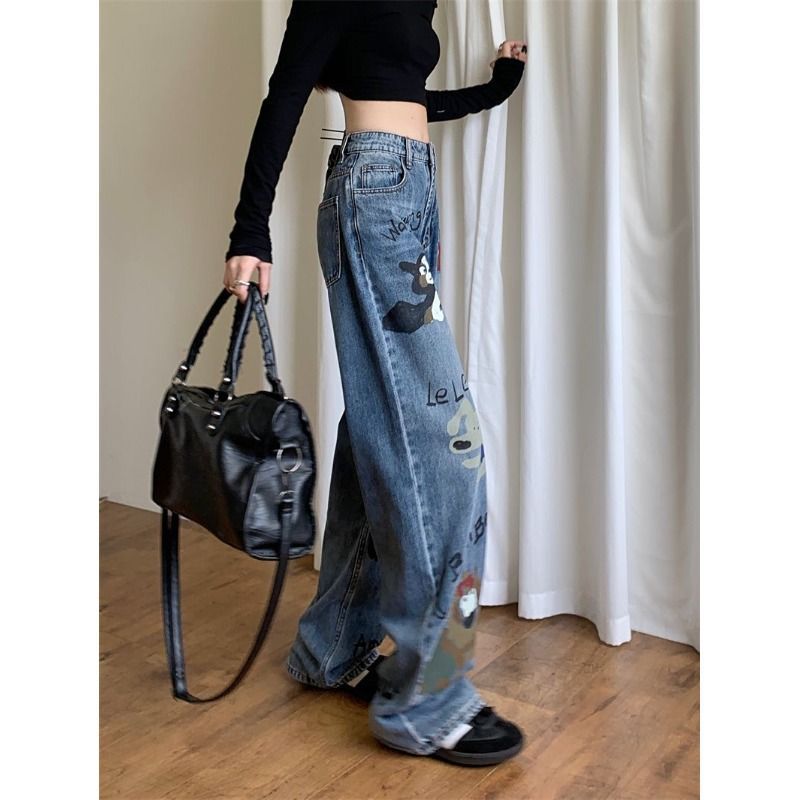 Retro High Street Graffiti Jeans mit weitem Bein für Damen