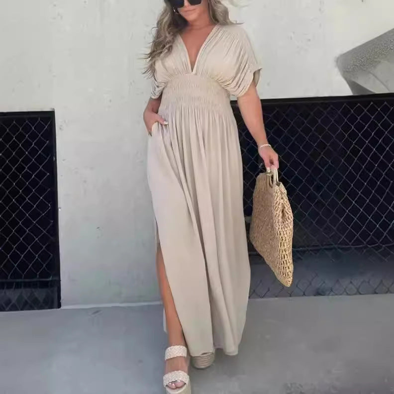 Chic Summer Batwing Sleeve V-neck Slit Dress with Elastic Waist for Women