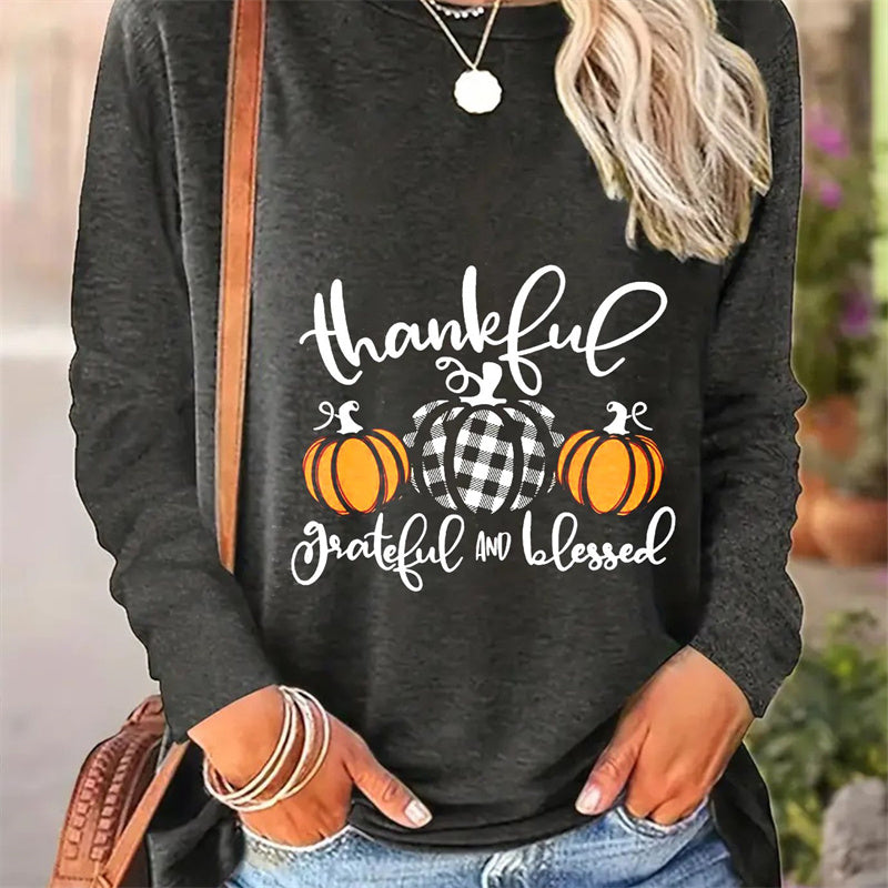 Lässiges bedrucktes Langarm-T-Shirt mit Rundhalsausschnitt für Damen – Frühlings- und Herbstkollektion 