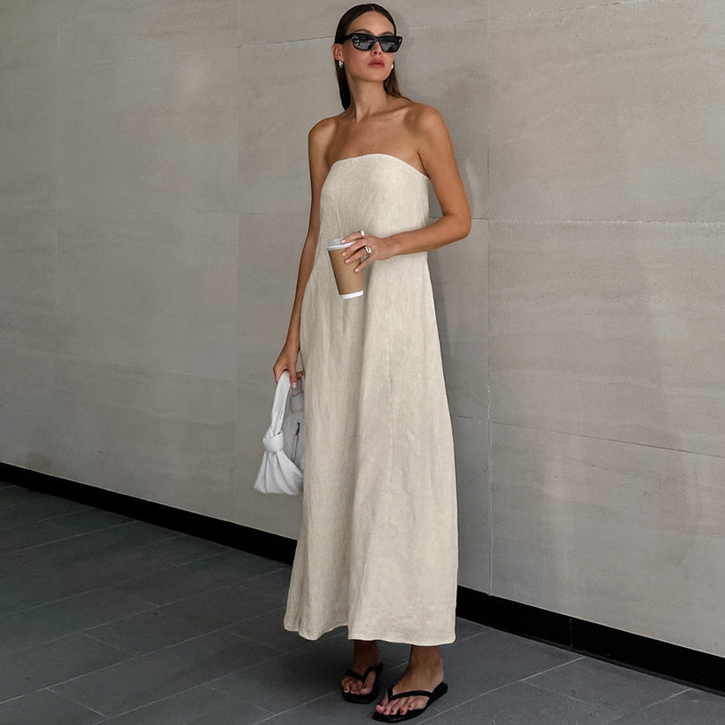 Khaki Cotton Linen Off-Shoulder Tube Dress for Vacation with High Waist Design