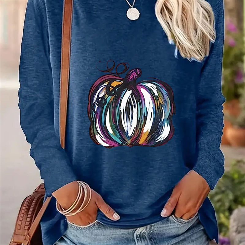 Women's Casual Printed Round Neck Long Sleeve T-Shirt for Spring and Autumn