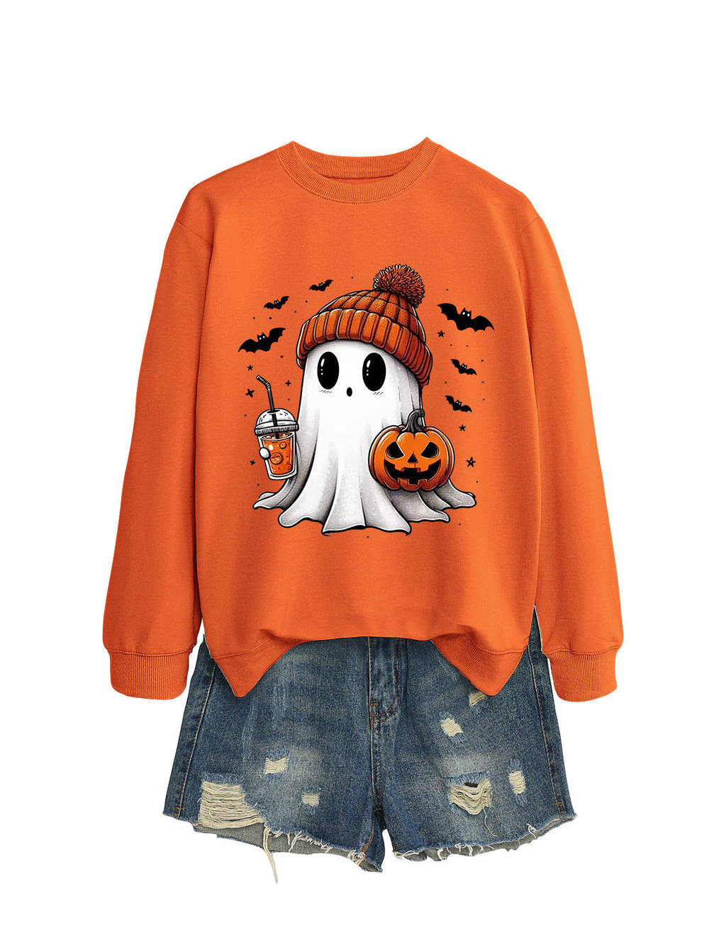 Cozy Long Sleeve Pumpkin Bat Print Crew Neck Sweatshirt in Multiple Colors