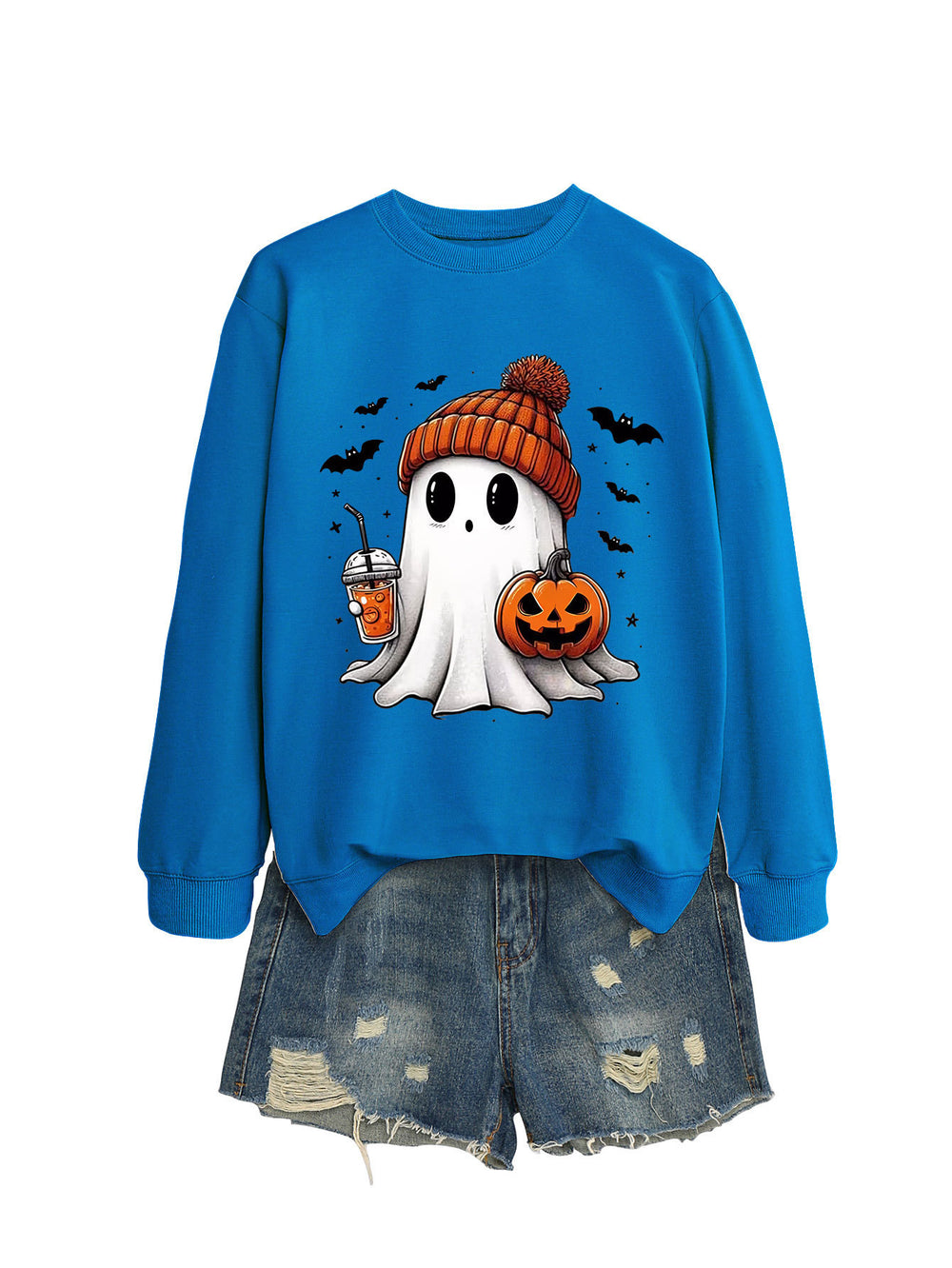 Cozy Long Sleeve Pumpkin Bat Print Crew Neck Sweatshirt in Multiple Colors