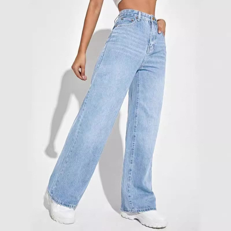 High-Waisted Slim Straight Jeans for Women - Light Blue Casual Style