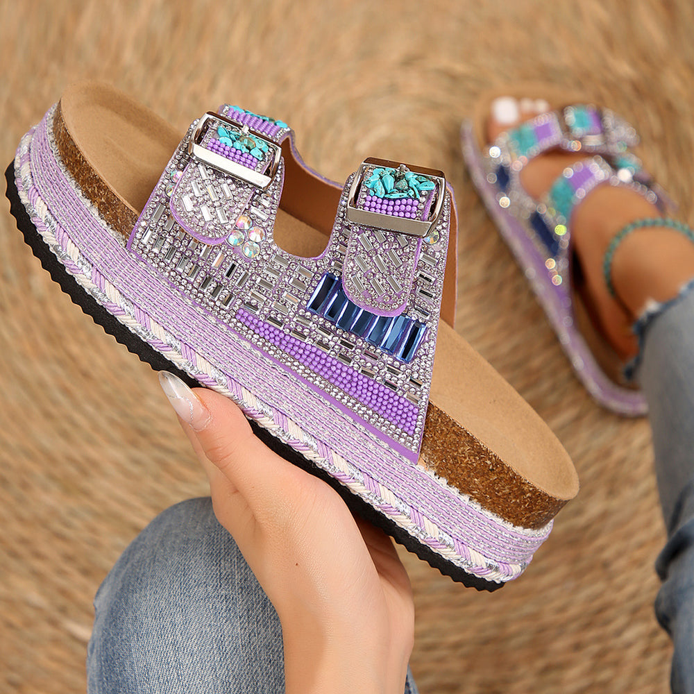 Rhinestone-Embellished Cork Beach Slides with Thick Bottom Hemp Rope and Double Buckles