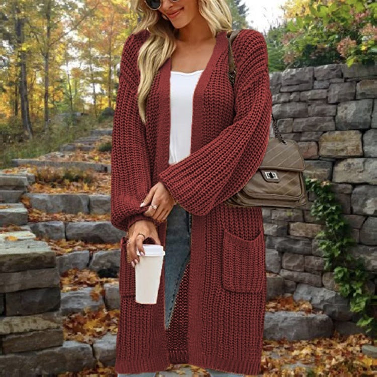 Loose-Fitting Lantern Sleeve Cardigan with Pockets for Women - Mid-Length Autumn/Winter Coat in Multiple Colors