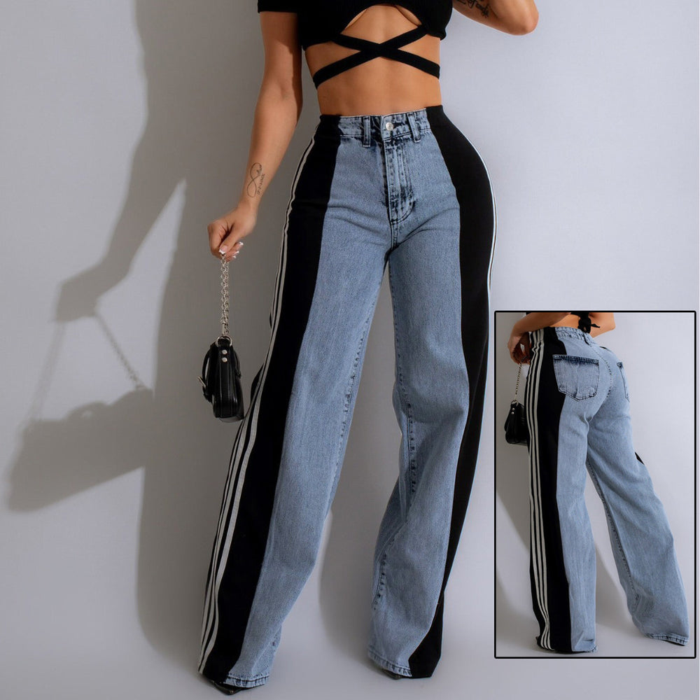 Trendy High Waist Elastic Straight Leg Denim Pants with Three Stripe Patchwork for Casual Streetwear