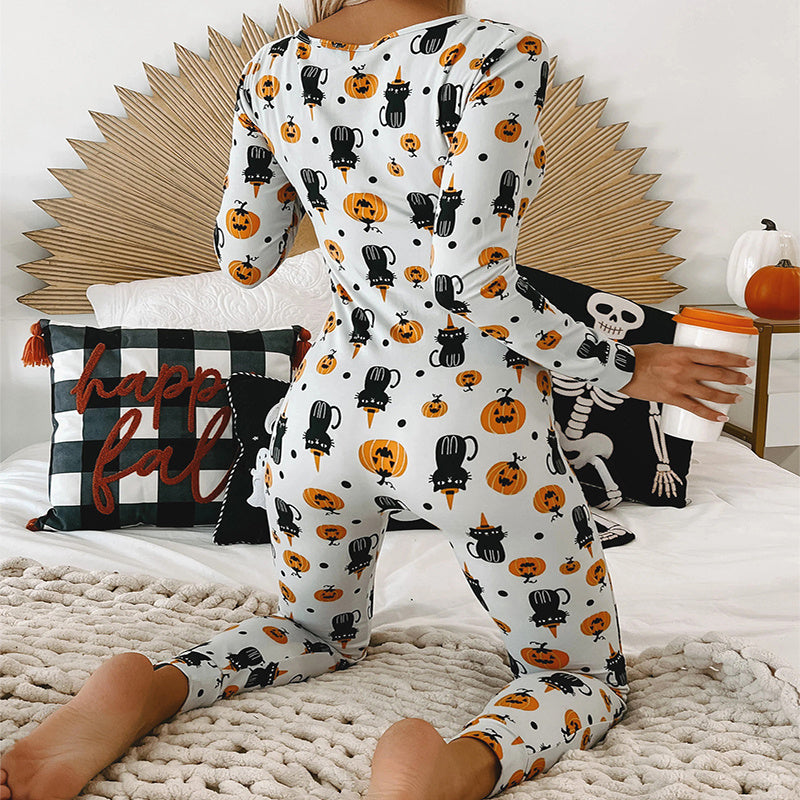 Halloween Themed Long Sleeve Jumpsuit - Women's Casual Pajama Set with Trousers