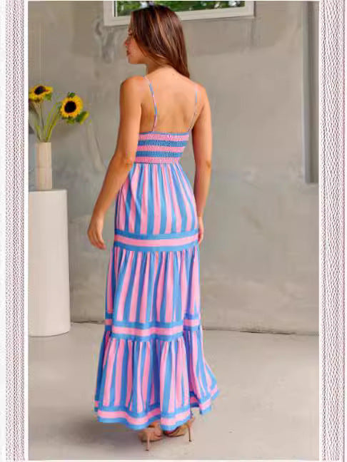 Chic Summer Striped Suspender Dress with Pockets - Stylish Backless Square Neck Dress for Women’s Beach Vacations