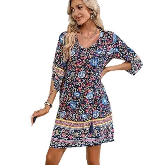 Floral A-Line Dress with Slit Hem and Tassel Accents