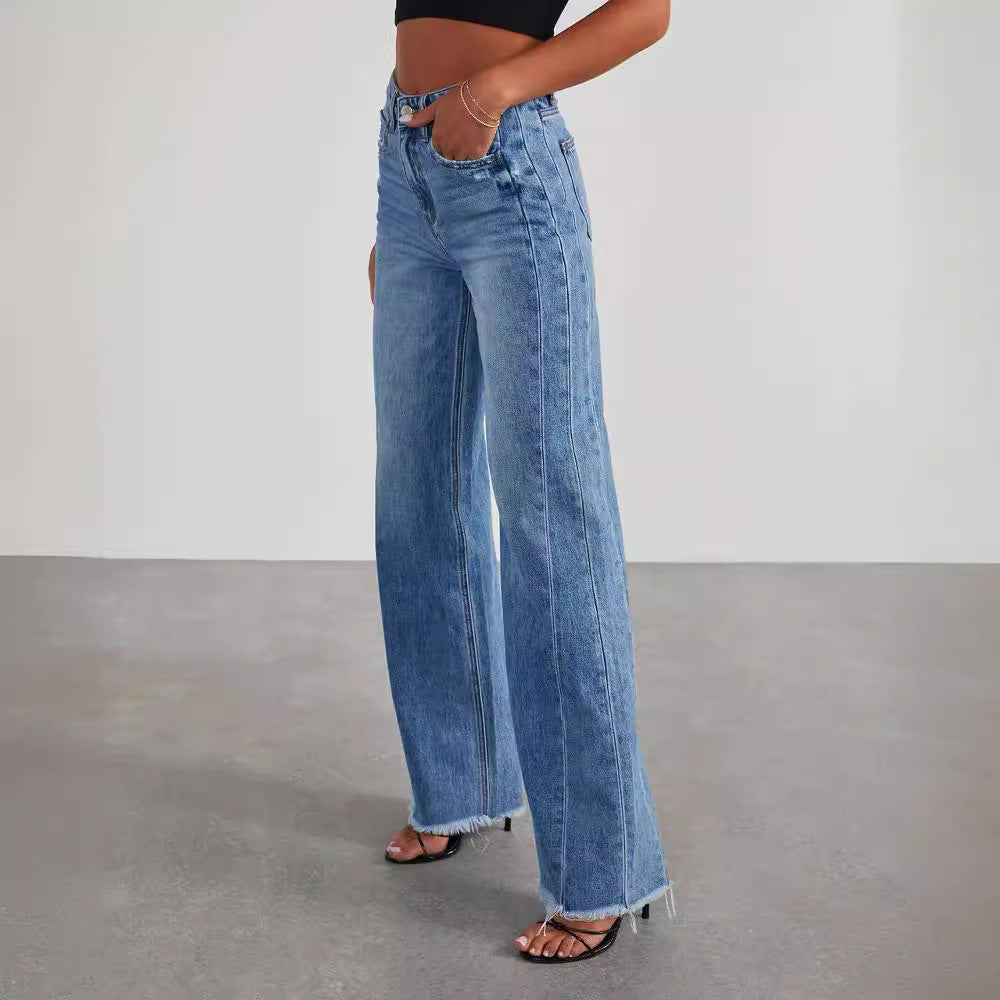 Women's Relaxed Fit Wide-Leg Denim Jeans with Frayed Hem and Side Stitching