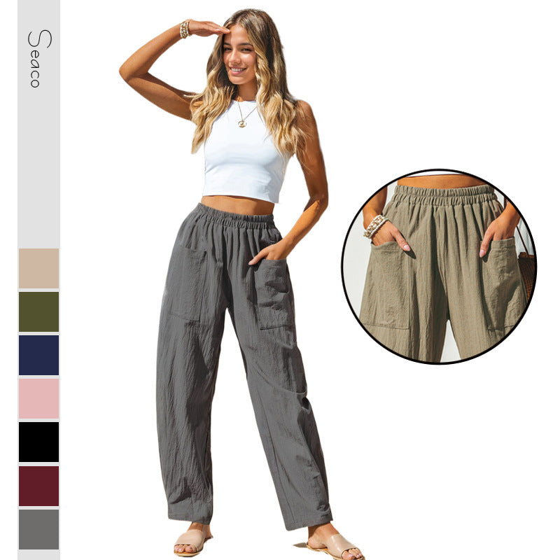 Pantaloni dritti casual da vacanza in cotone e lino da donna alla moda