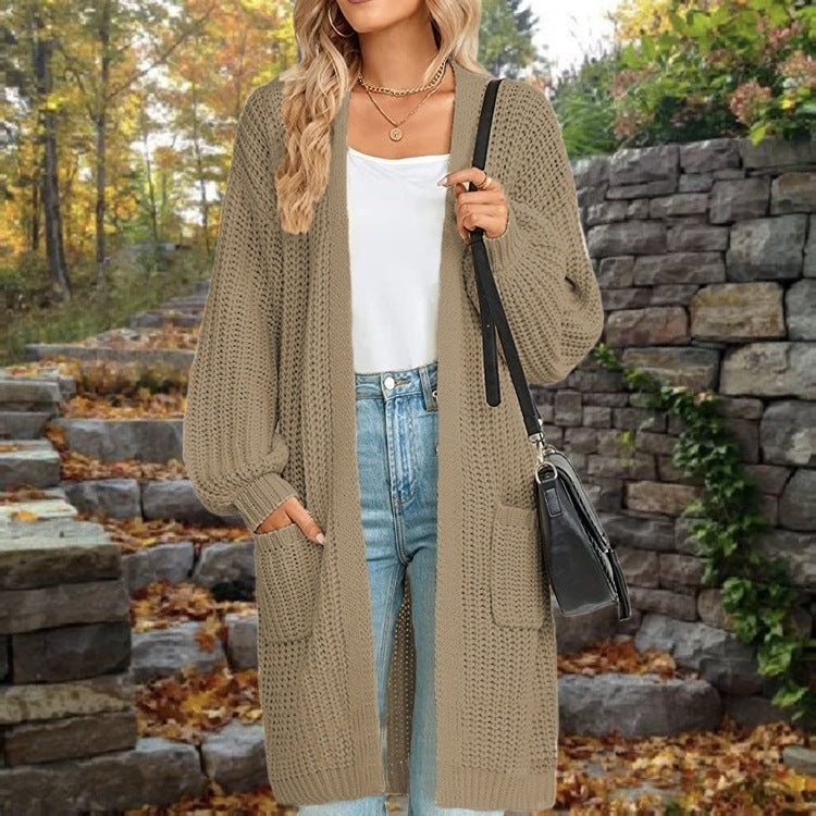 Loose-Fitting Lantern Sleeve Cardigan with Pockets for Women - Mid-Length Autumn/Winter Coat in Multiple Colors