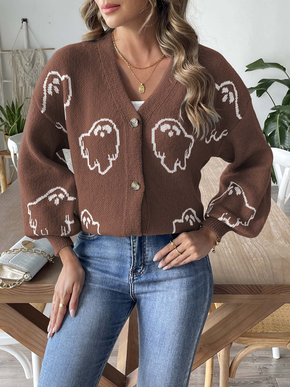 Spooky Chic Damen Lässiger Cardigan mit Knopfleiste