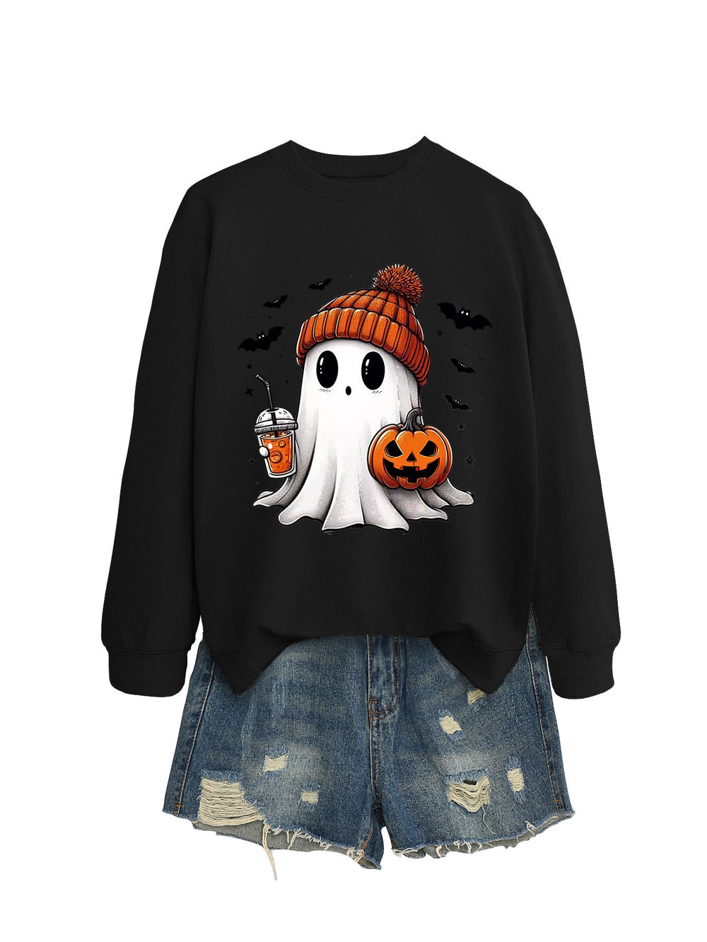 Cozy Long Sleeve Pumpkin Bat Print Crew Neck Sweatshirt in Multiple Colors