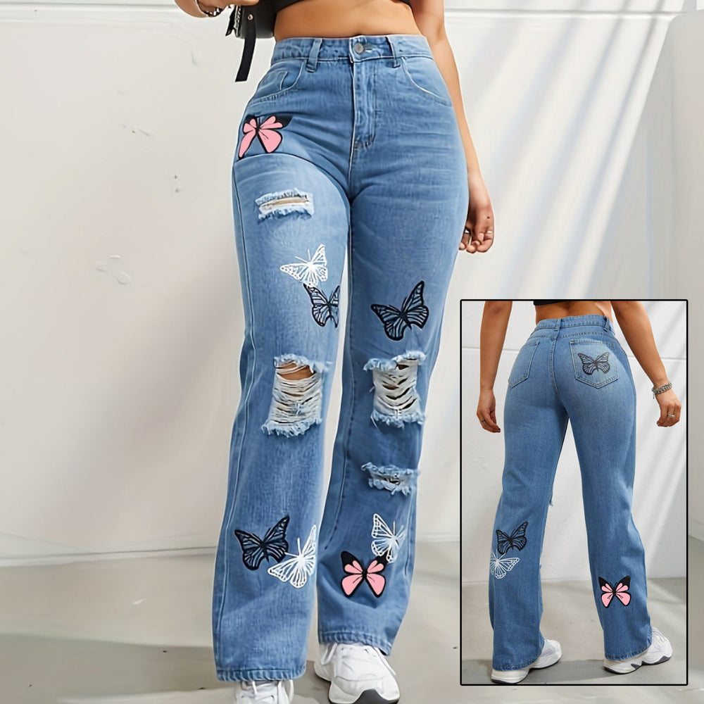 Trendy High-Waisted Butterfly Print Distressed Straight Leg Jeans for Women