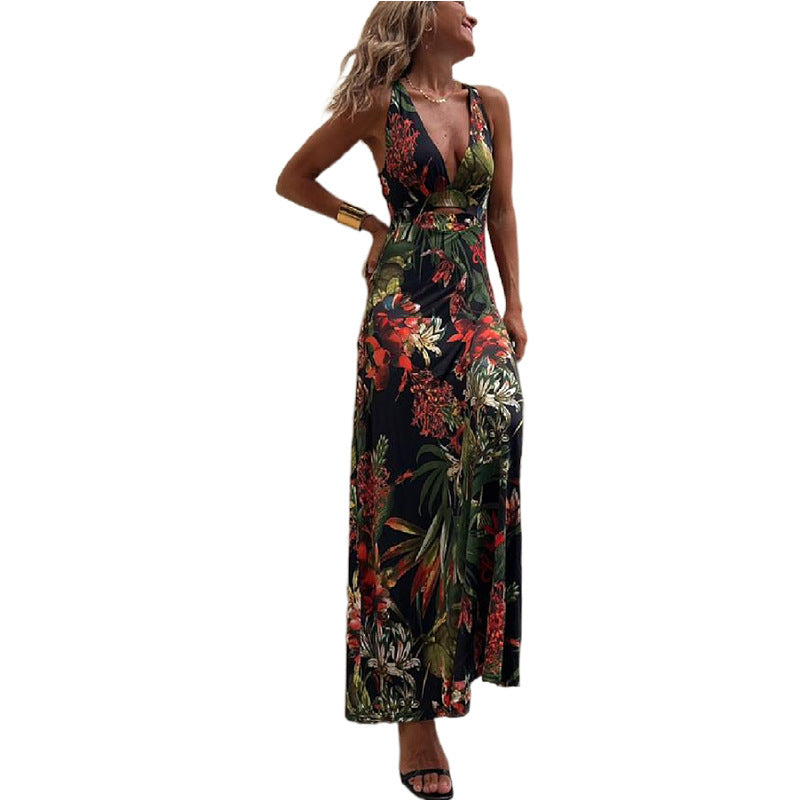 Ärmelloses Sommerkleid mit Blumendruck und hoher Taille für Damen