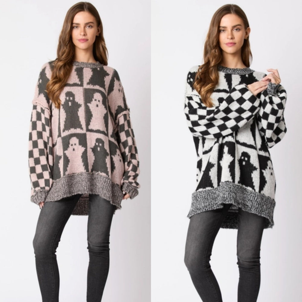 Halloween-Themed Women's Plaid Crew Neck Pullover Sweater with Ghost Design