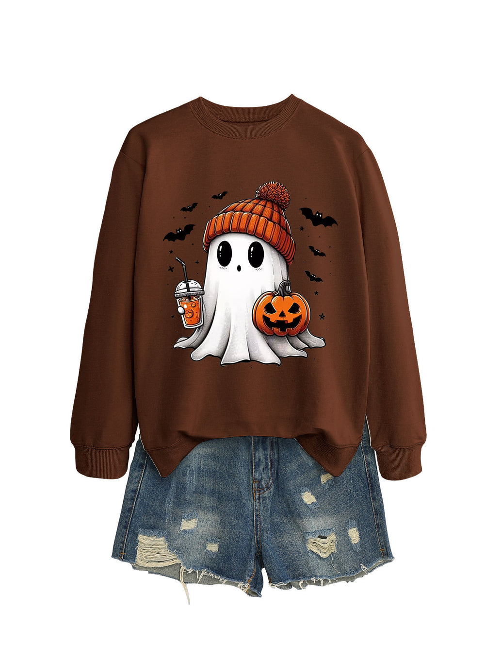 Cozy Long Sleeve Pumpkin Bat Print Crew Neck Sweatshirt in Multiple Colors