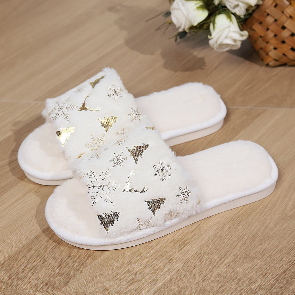 Festive Open-Toed Plush Slippers for Couples - Cozy Non-Slip Indoor House Shoes with Christmas Designs